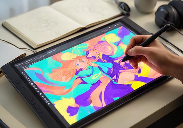 Colourful digital character study on a tablet during an online art masterclass