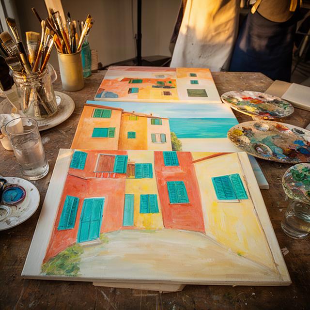 Warm terracotta and turquoise Italian summer scene paintings on a workshop table