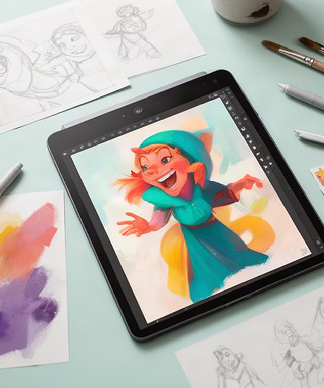 Digital character illustration on a student's tablet beside colour notes