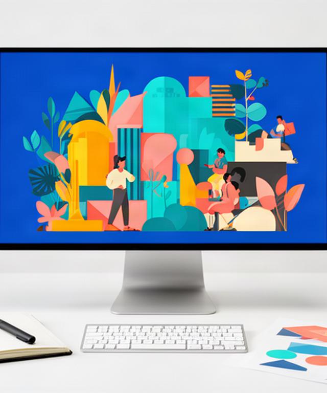 Colourful vector editorial illustration open on a desktop monitor