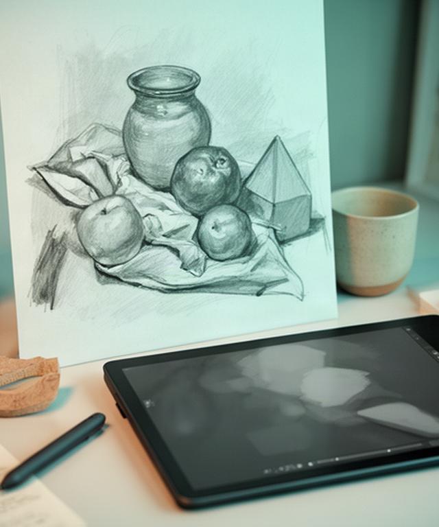 Student digital sketch of a still life beside a drawing tablet