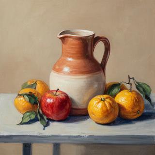 Painted still life of a ceramic jug and fruit made during a teen art camp