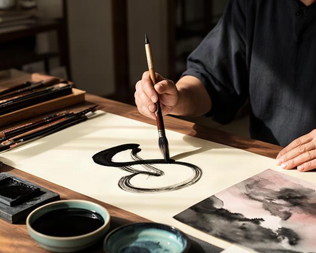 Ink techniques instructor Aliona Daniels demonstrating a Japanese brush study at a studio desk